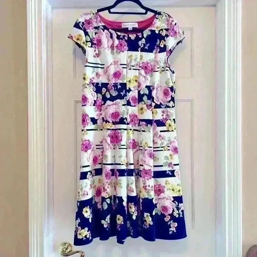 Emma & Michele classic navy white pink floral dress church party wedding sz 16